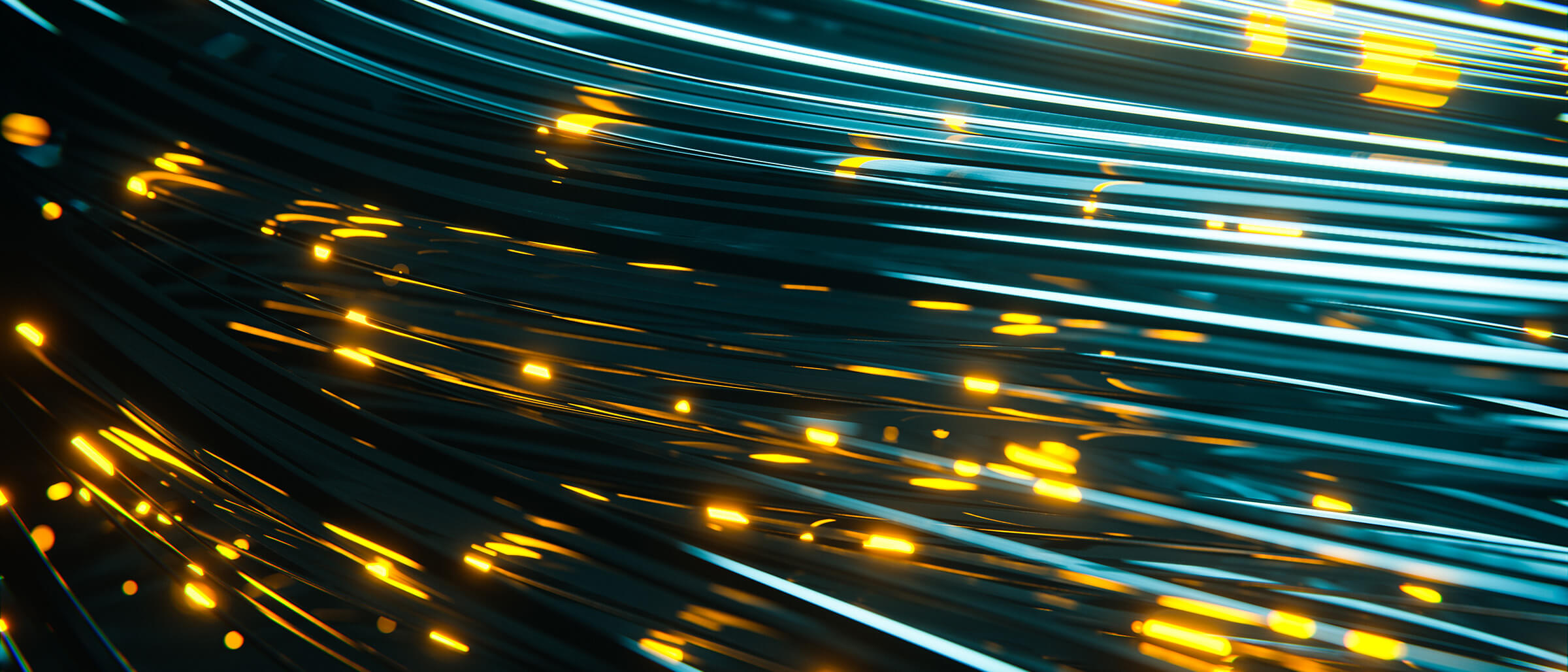 Abstrakte blau leuchtende Glasfaserlinien mit bewegten Lichtpartikeln, die Datenübertragung symbolisieren.