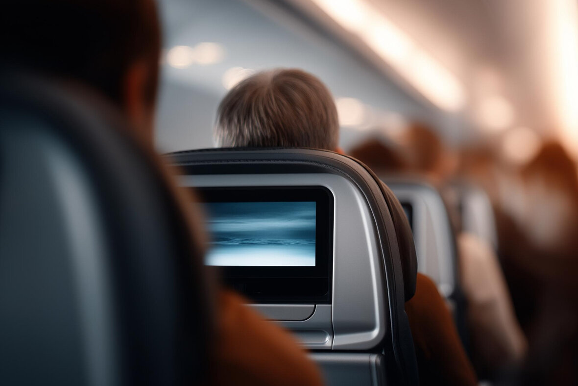 Passagiere in einem Flugzeug, mit Blick auf einen Sitz mit integriertem Bildschirm im Vordersitz