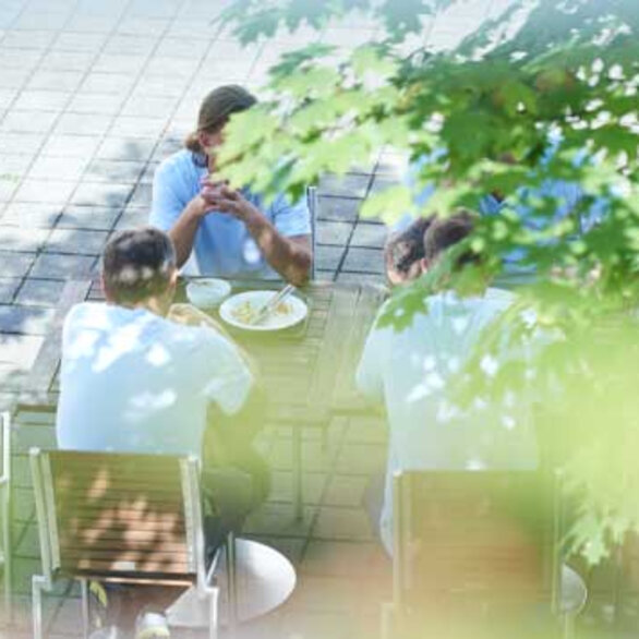 Kollegen sitzen draußen am Tisch und essen gemeinsam unter einem Baum